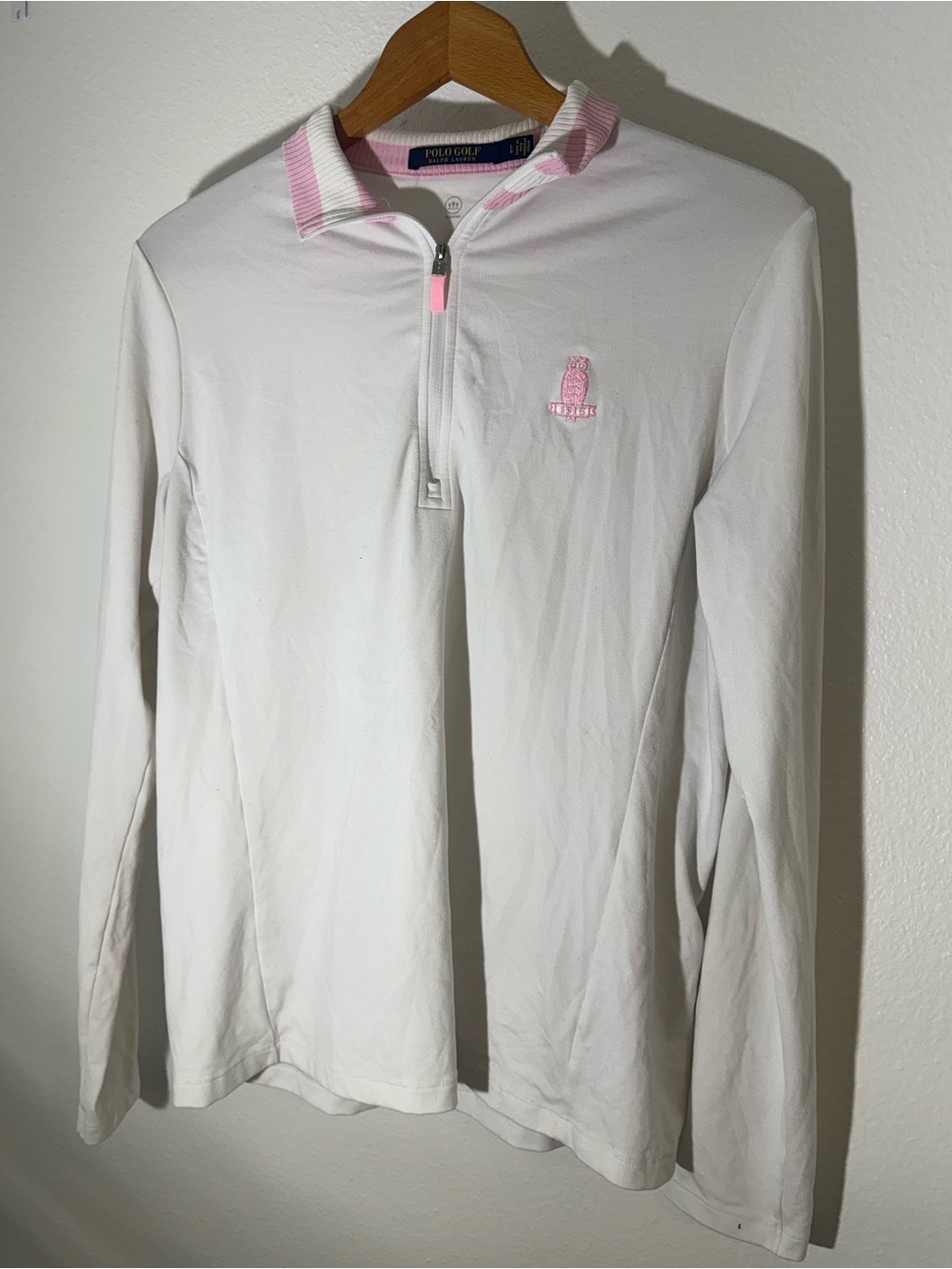 Polo Ralph Lauren Long-Sleeve Zip Top in White with Pink Trim